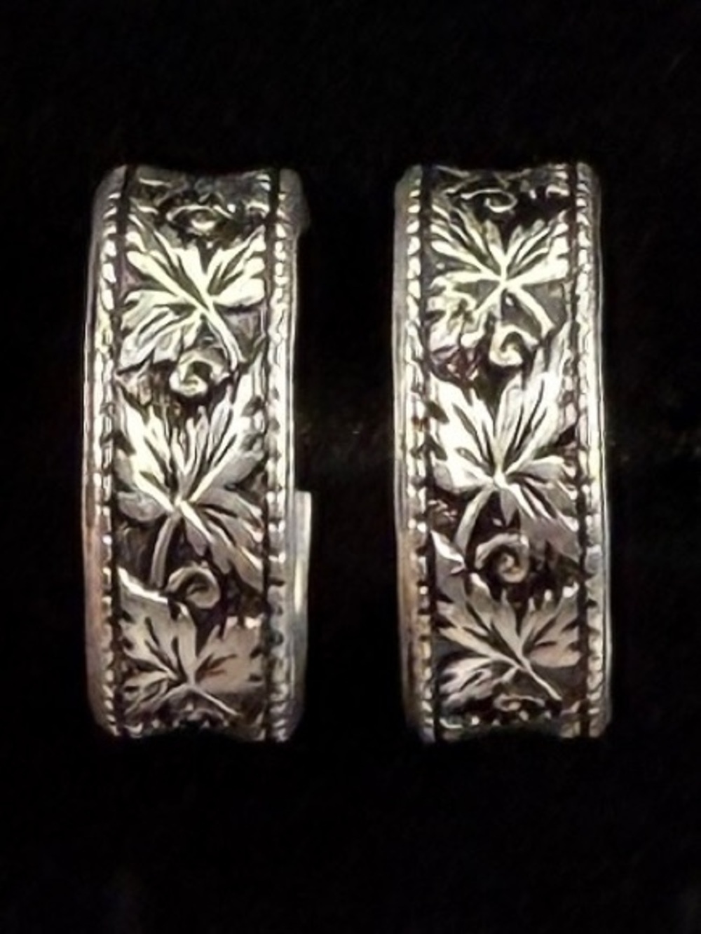 Vintage clip on hoop leaf etched earrings